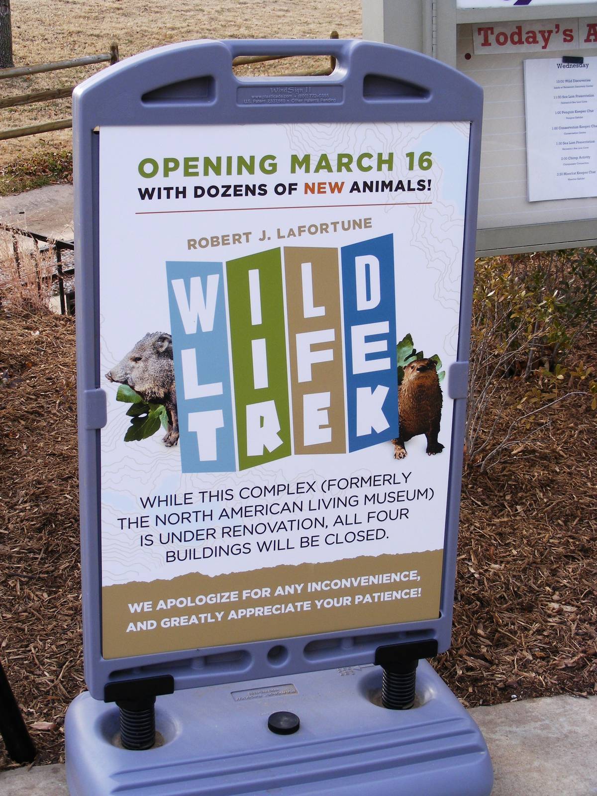 Sign announcing opening of Wild Life Trek in March 2013