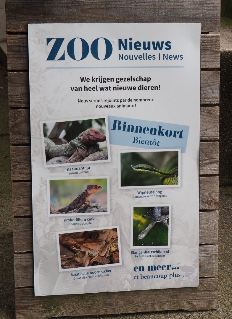 Sign announcing upcoming arrival of new species in the reptile house, 2021-06-12