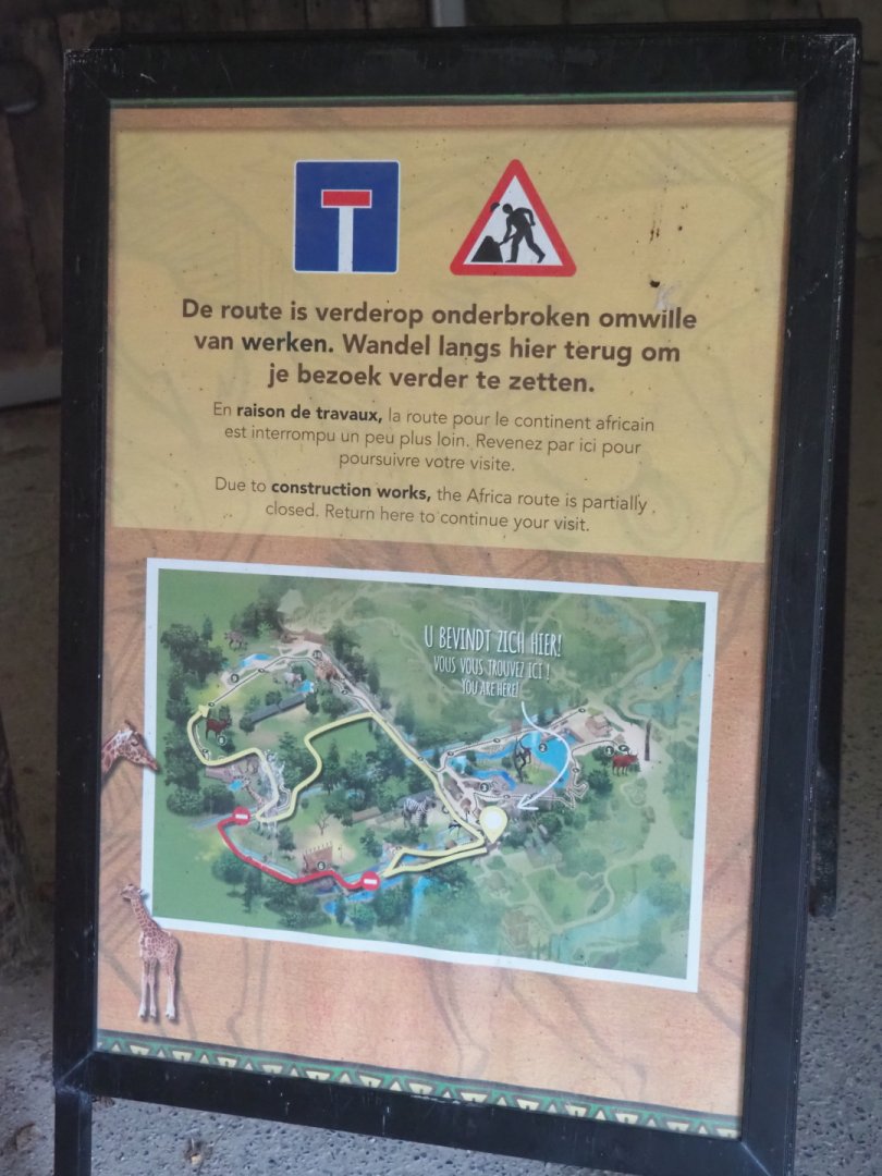 Sign detour of African route due to renovation work on and around the giraffe house, 2021-10-10