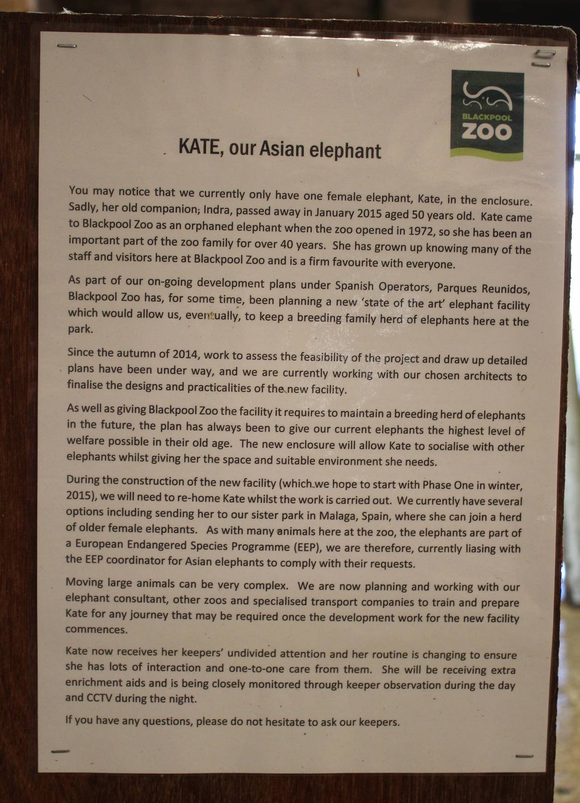 Sign explaining future elephant plans