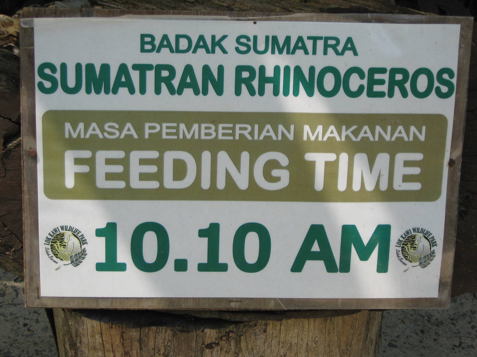 sign for Sumatran rhino feeding time