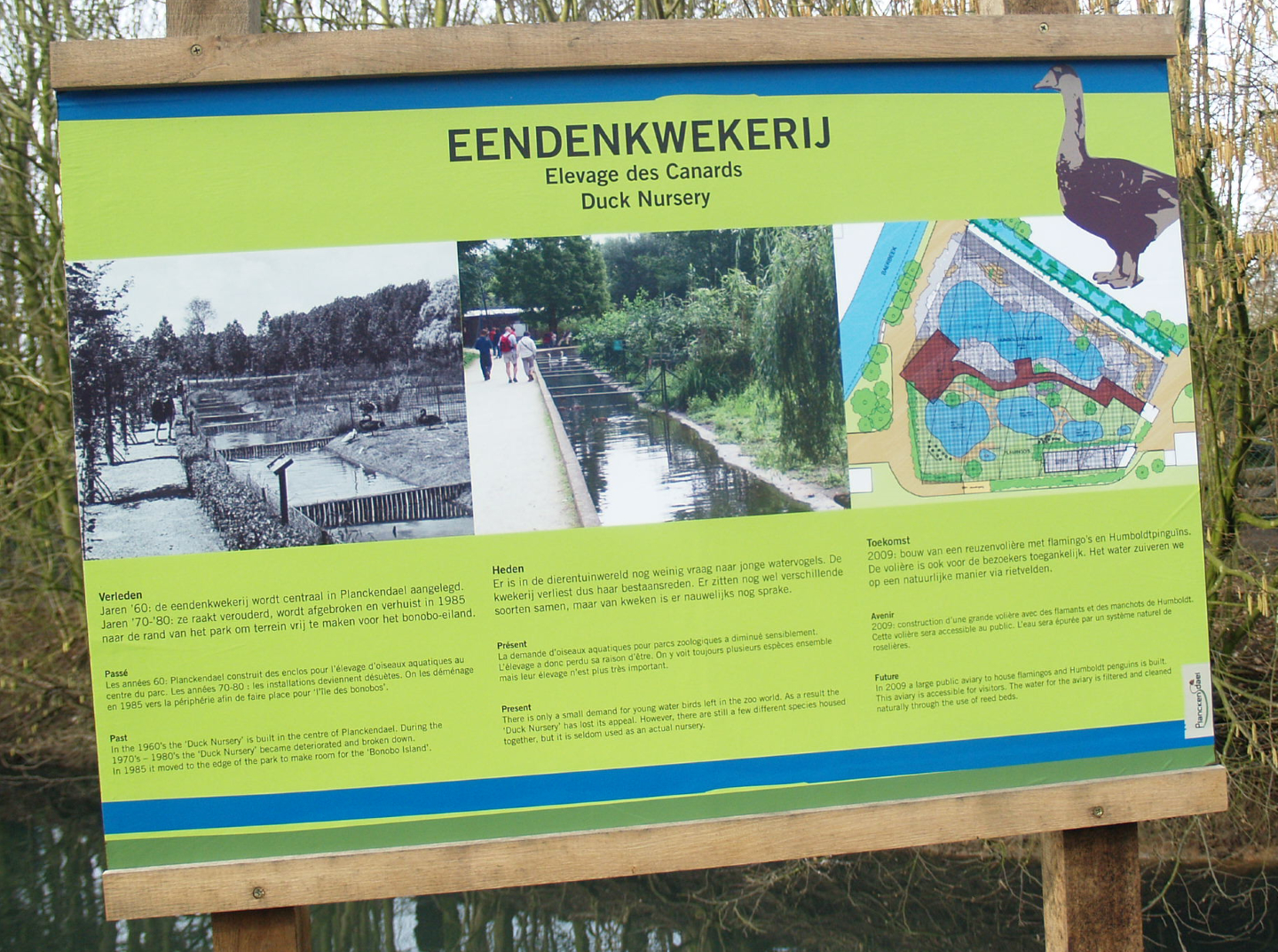 Sign from 2009 on the past, present and future of the duck nursery/waterfowl breeding area, 2009-03-01