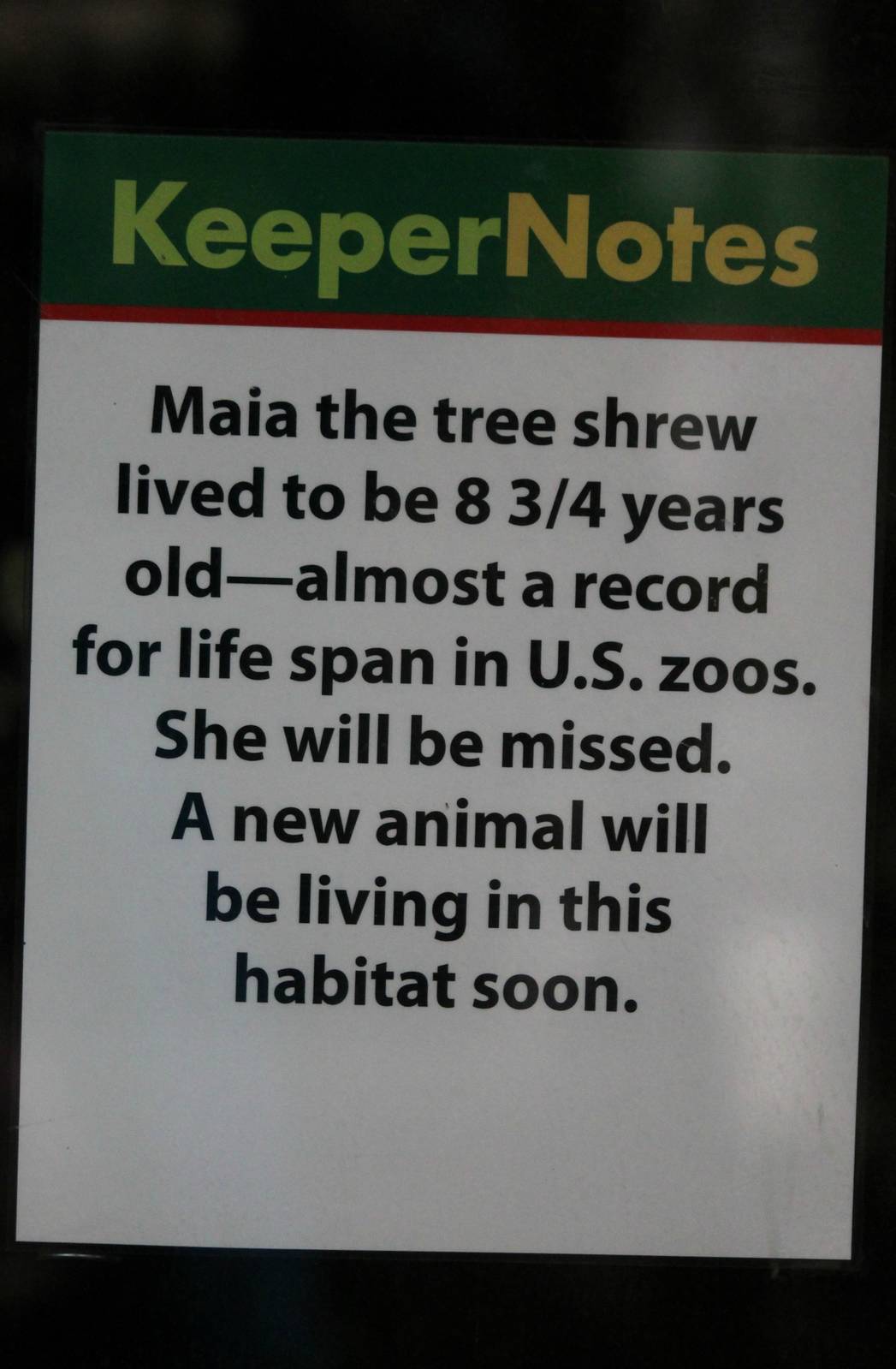 Sign inside the tree shrew exhibit - 12/14/15