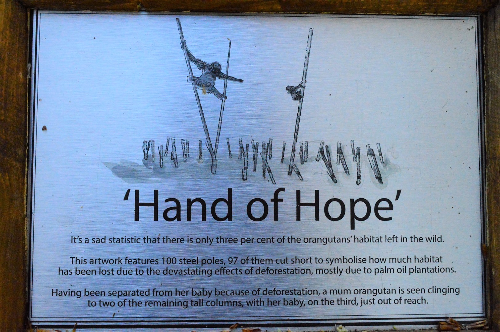 Sign next to orangutan sculpture.