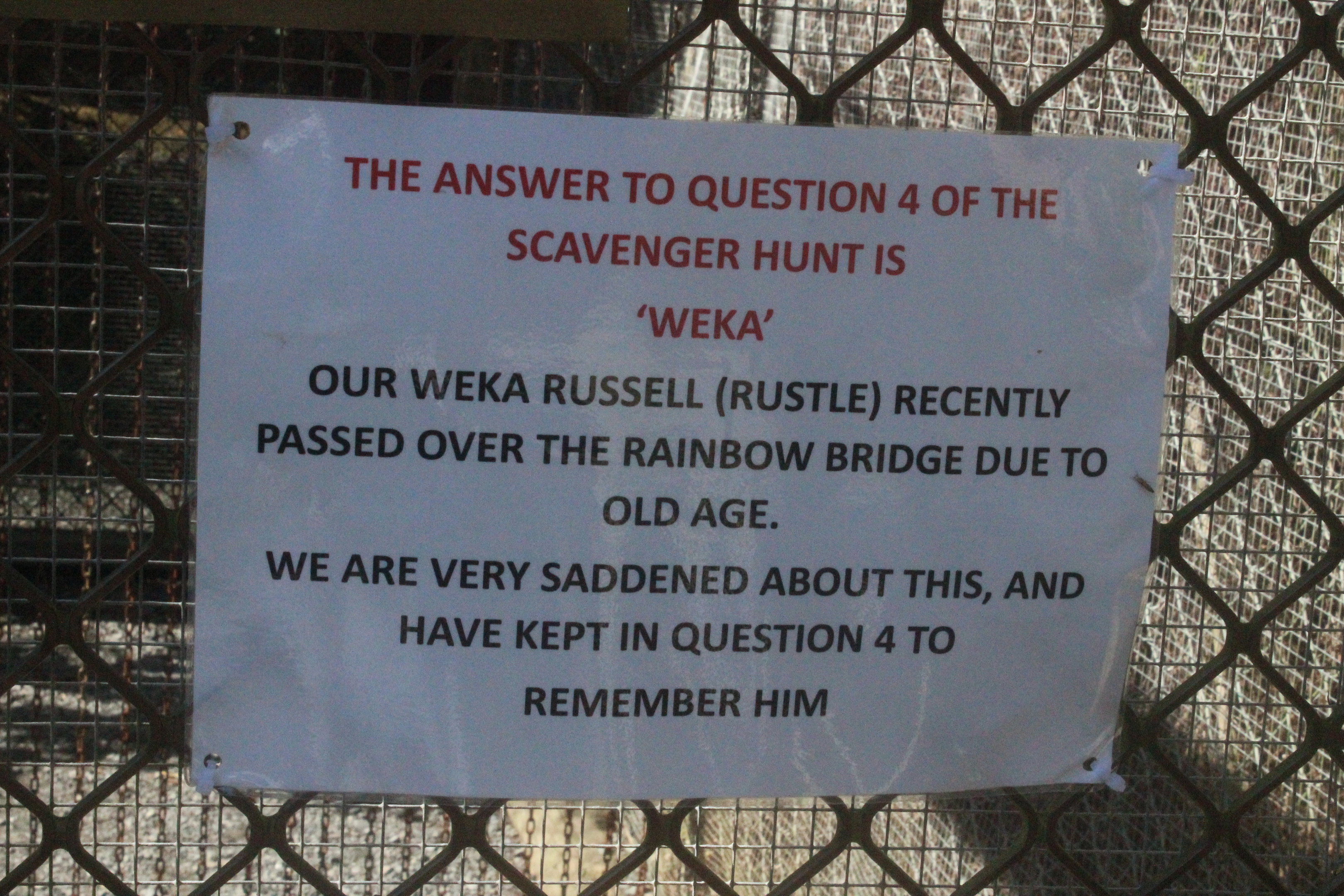 Sign notifying death of Western Weka