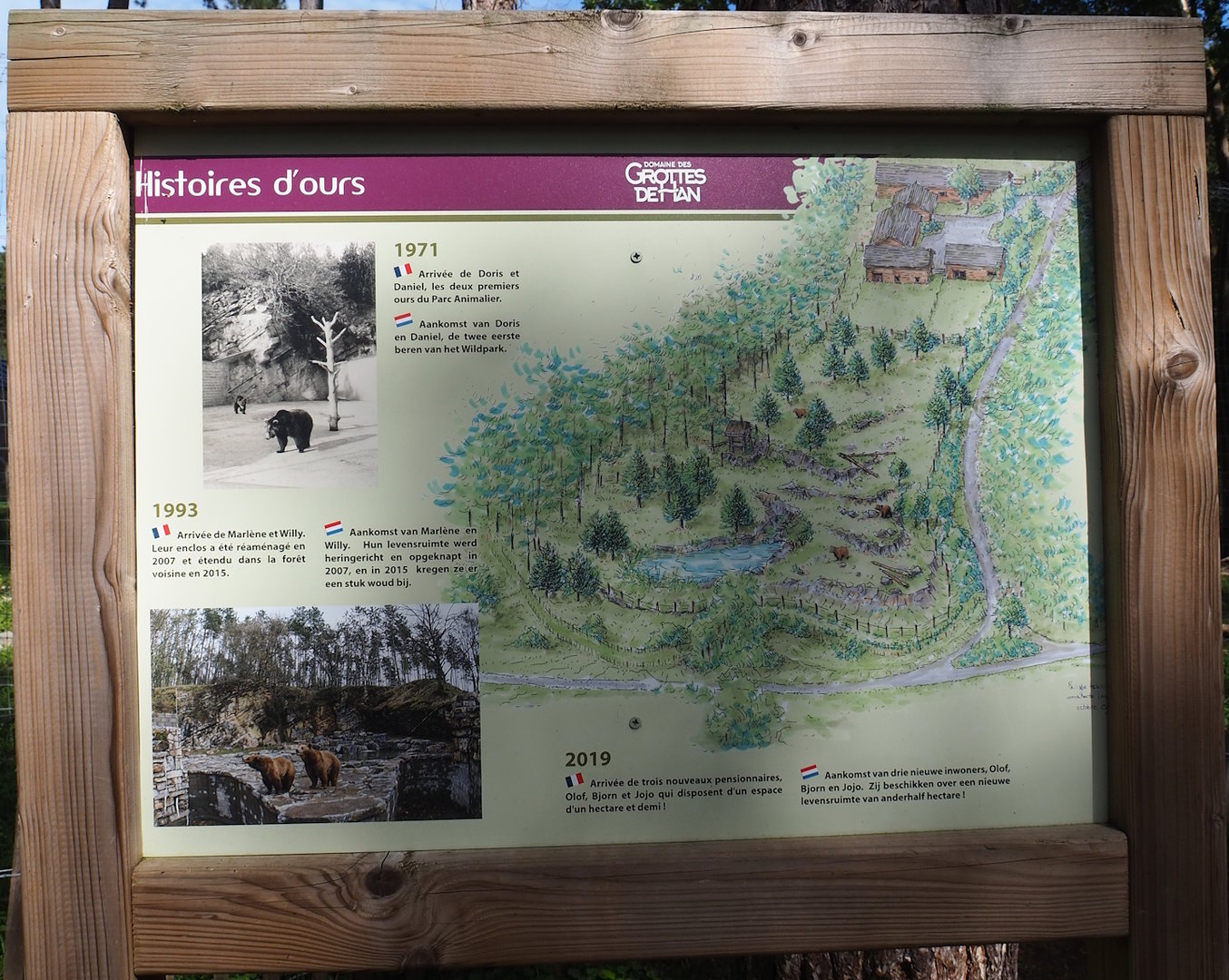 Signage about the history of bears at Han, with a map of the newer European brown bear exhibit, 2023-09-26