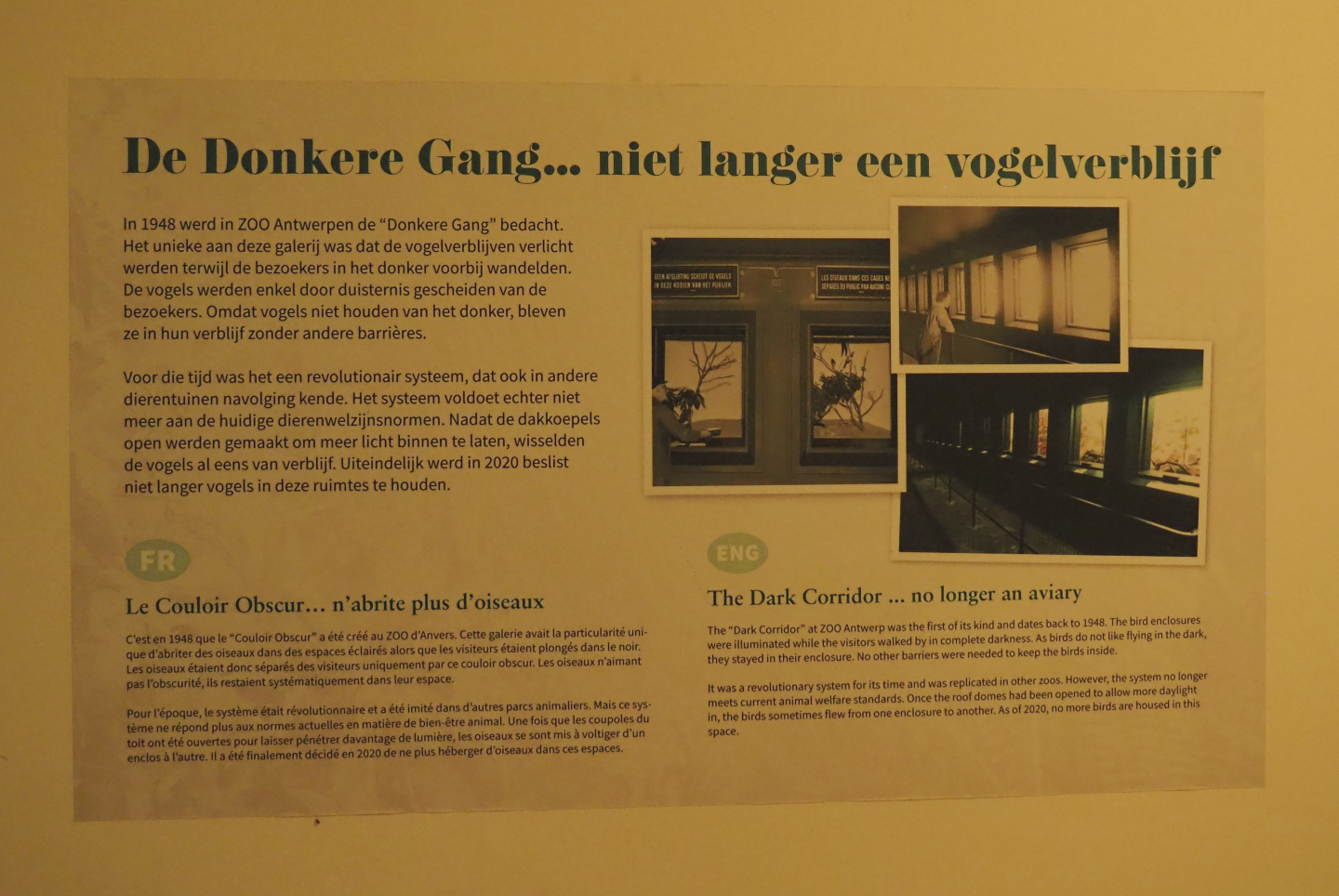 Signage Dark corridor no longer used as aviary, 2020-09-20