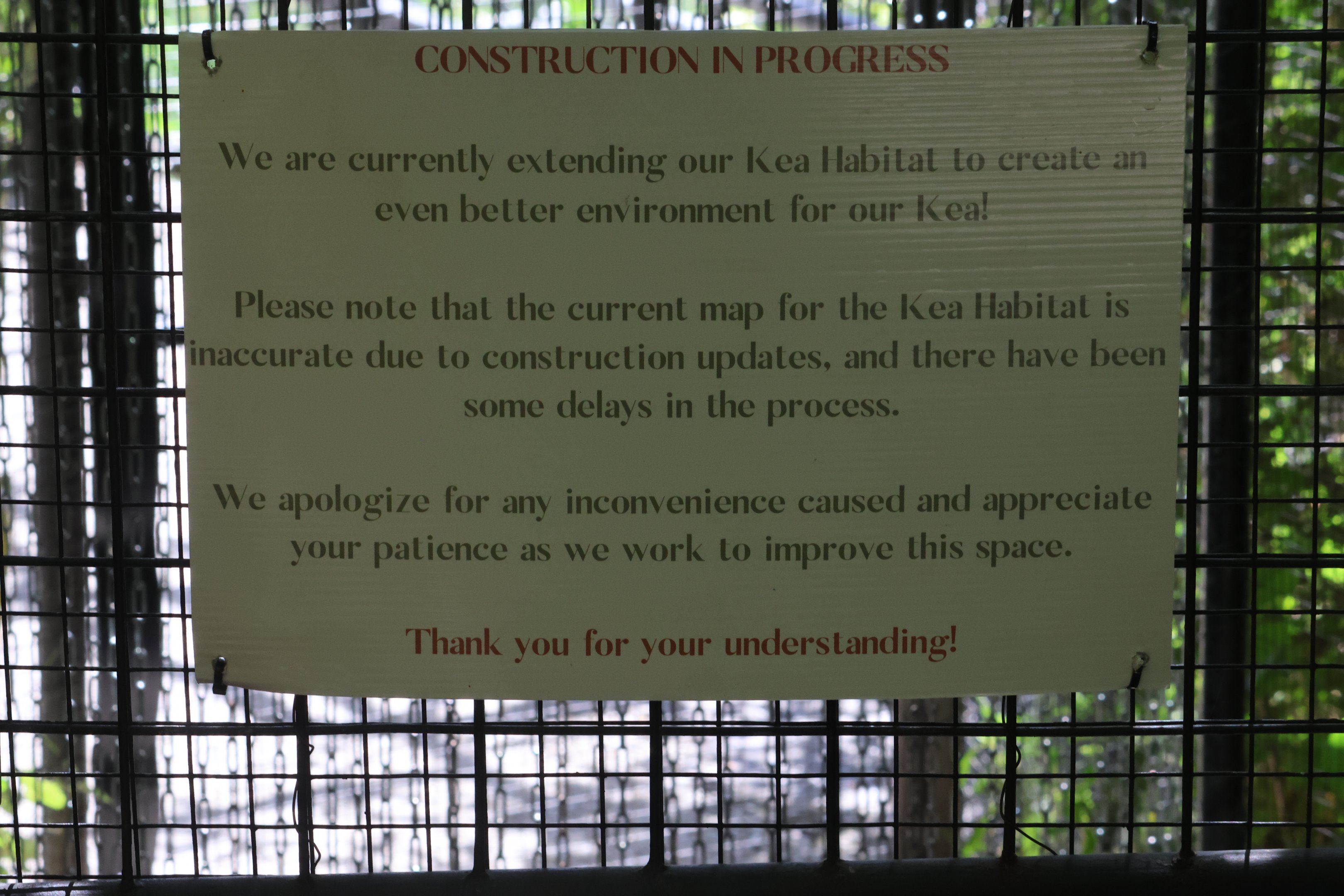 Signage for future changes to Kea walk-in aviary