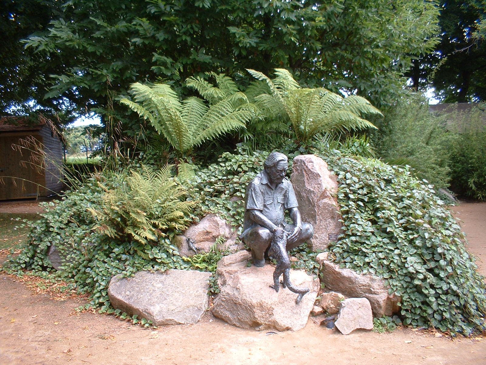 Statue of Gerald Durrell with a black and white ruffed lemur at Jersey Zoo,