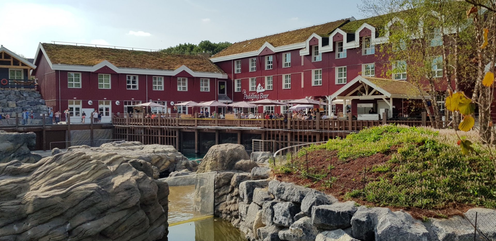 Steller sealion exhibit with restaurant and hotel in background