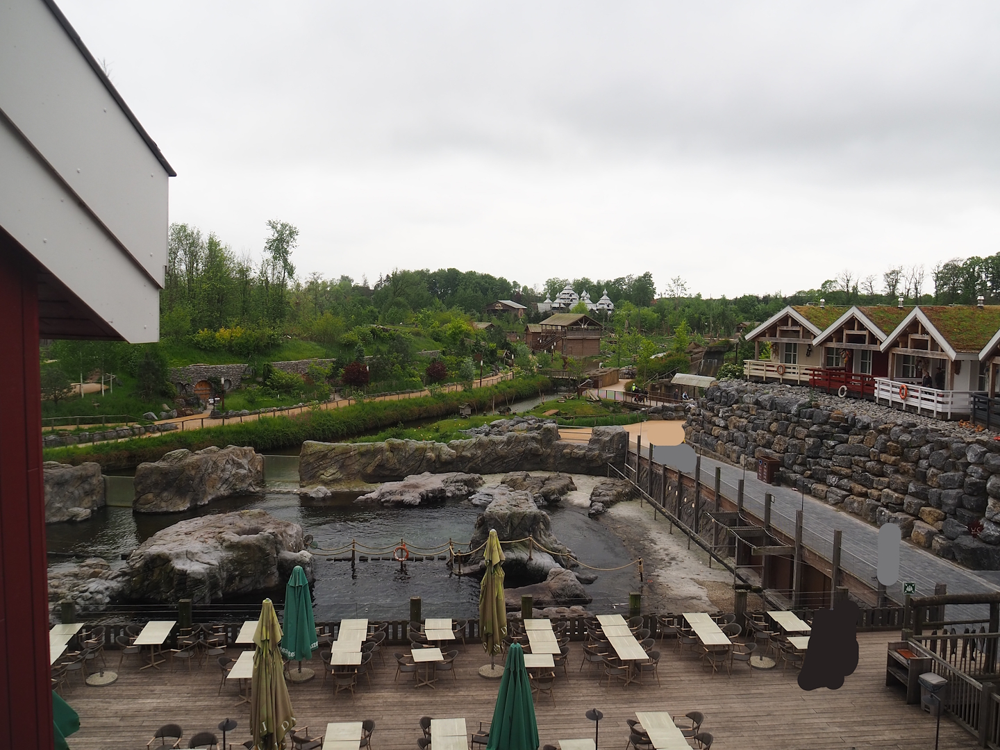 Steller's sea lion exhibit and The Last Frontier, seen from room in The Paddling Bear Hotel, 2023-05-15