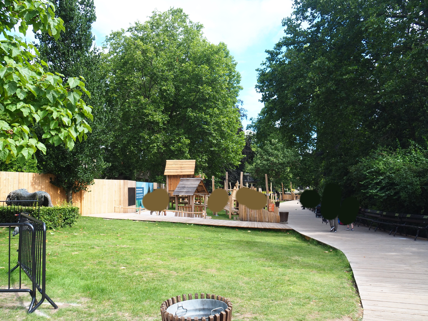 Temporary walkway and playground on the large lawn in between the lions and the bird house, 2020-06-28