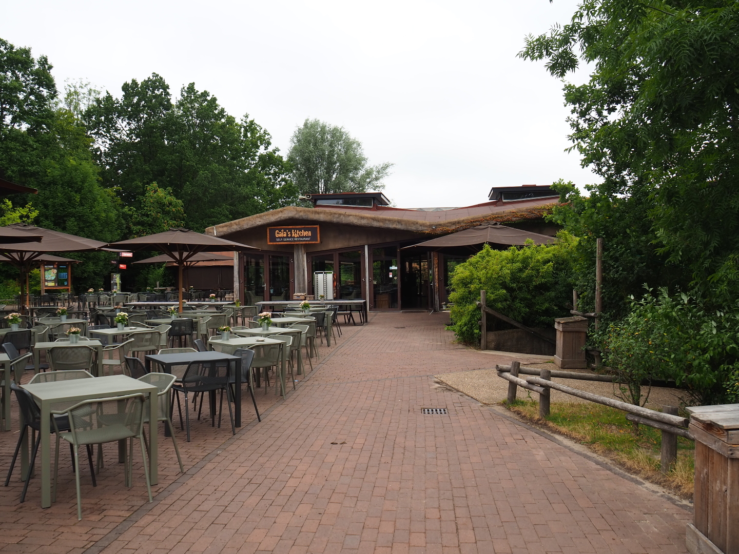 Terrace area and Gaia's Kitchen restaurant building, 2019-07-21
