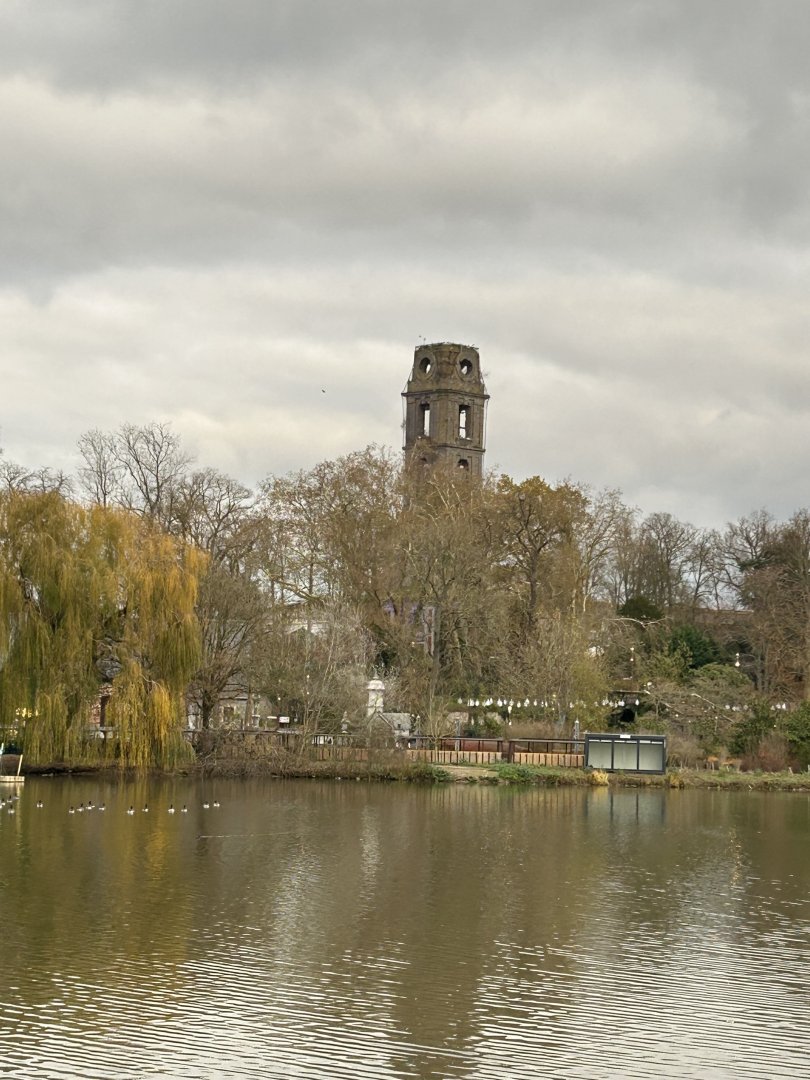 The abbey tower seen from Land of the Cold
