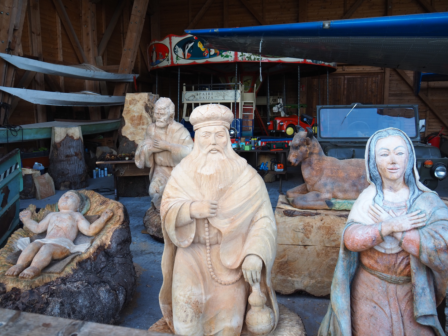 The Land of the Cold theming - Christmas statues and other assorted items in the Golden Eagle Aviation hangar, 2019-10-04