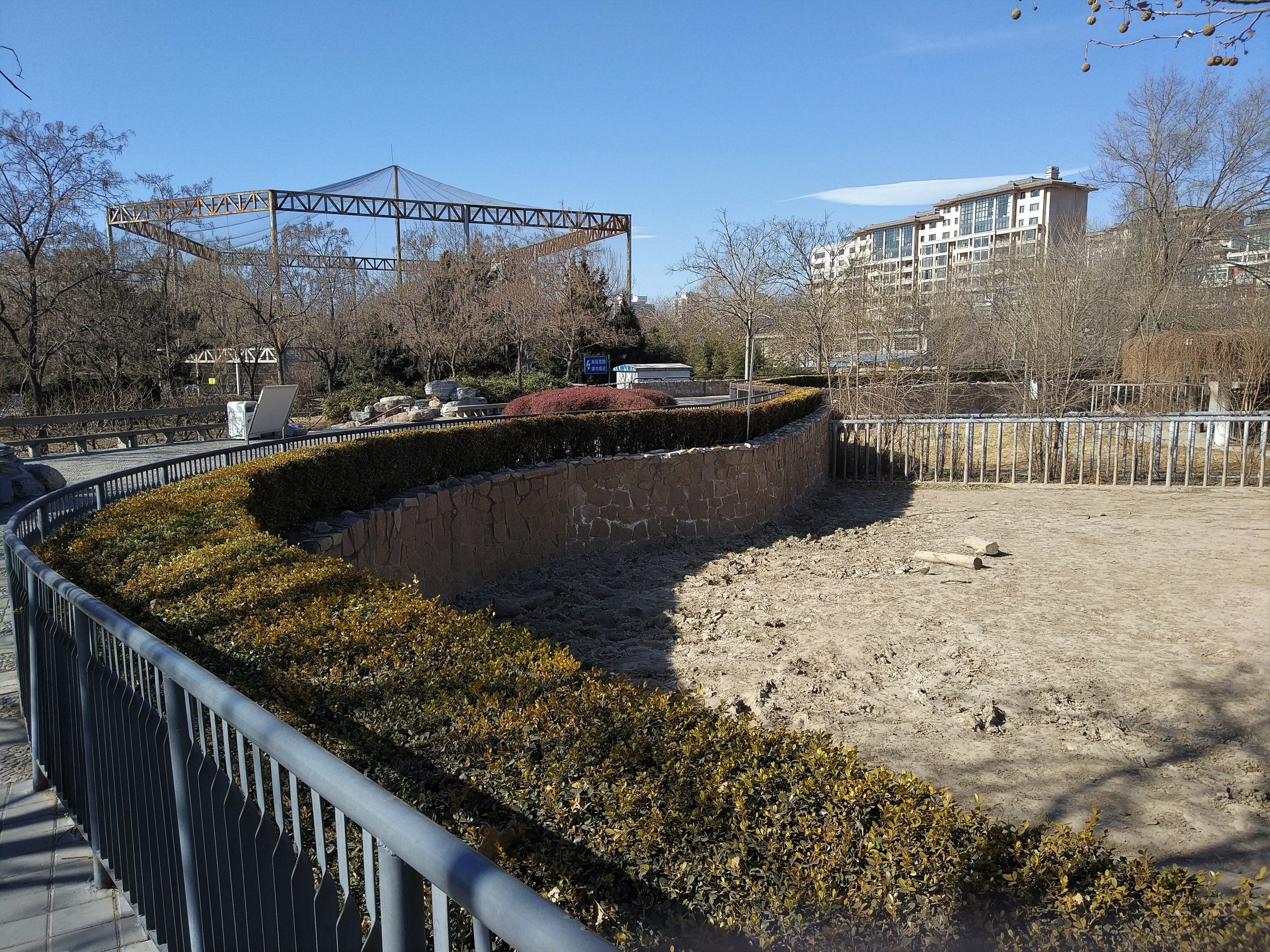 The view from the Rhino House to the large Bird of Prey Aviary