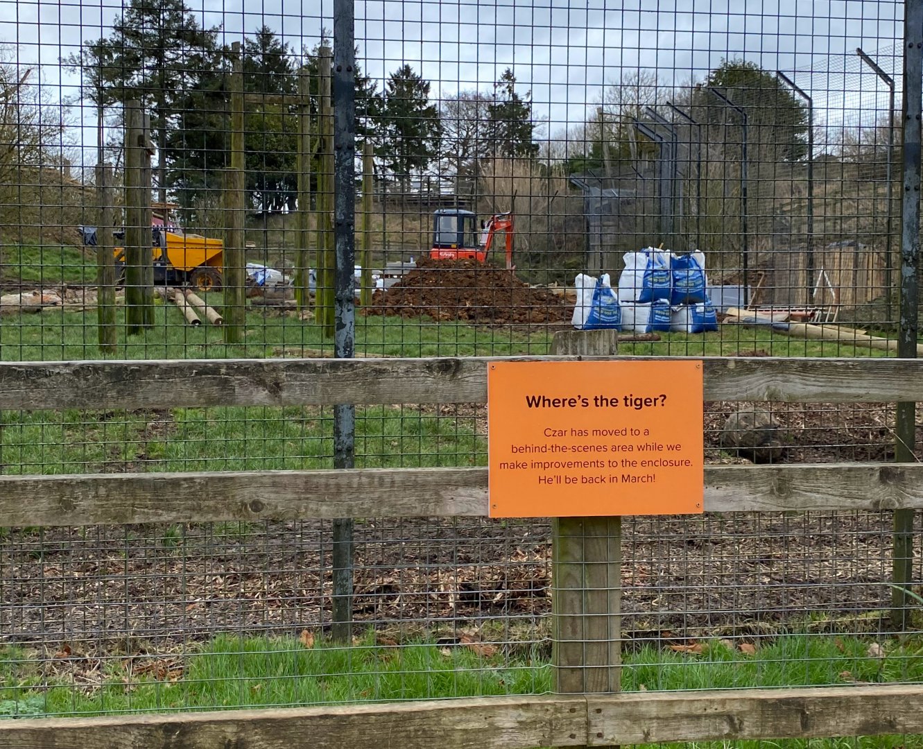 Tiger enclosure work signage, ZSL Whipsnade