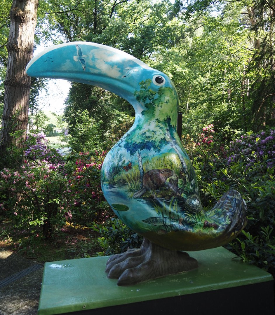 Toucan statue painted with images of native wildlife, 2024-05-23