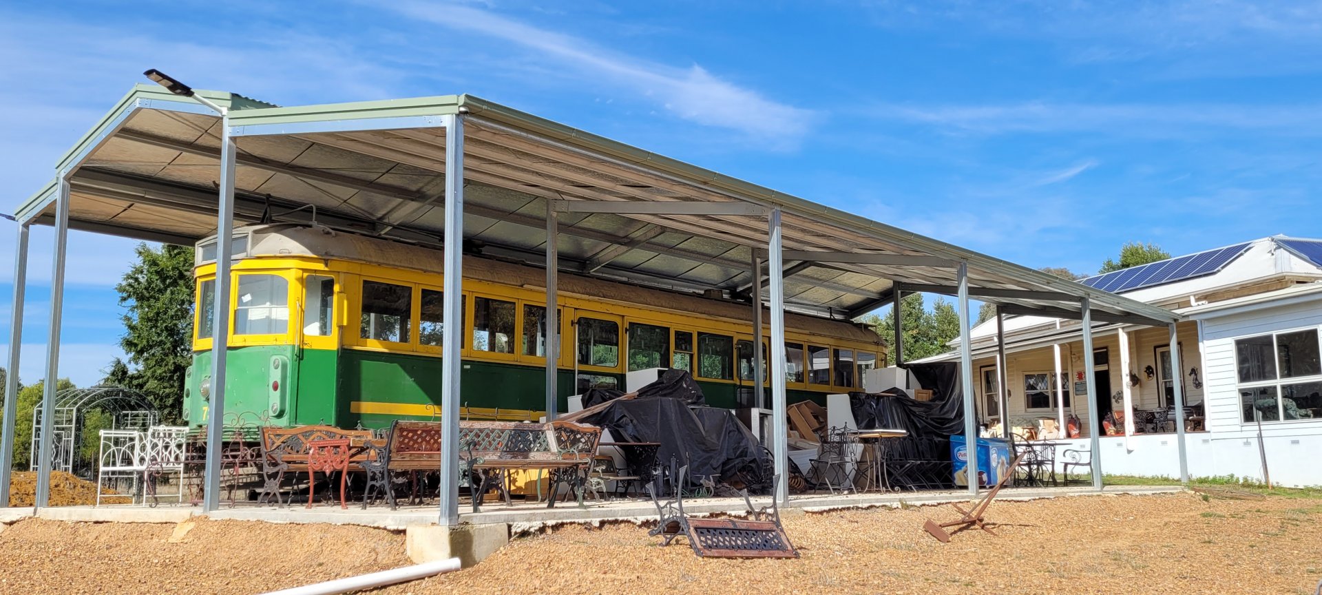 Tram and canopy, destined to be the café eating area
