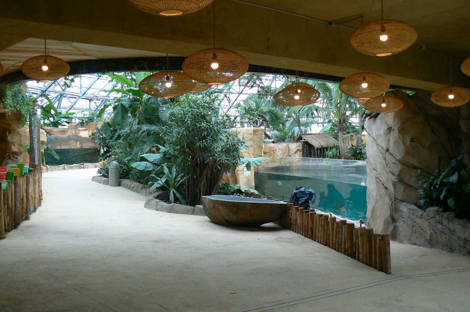 Tropical dome - View on the first false gharial enclosure (right) and the young (8) false gharials enclosure on the left