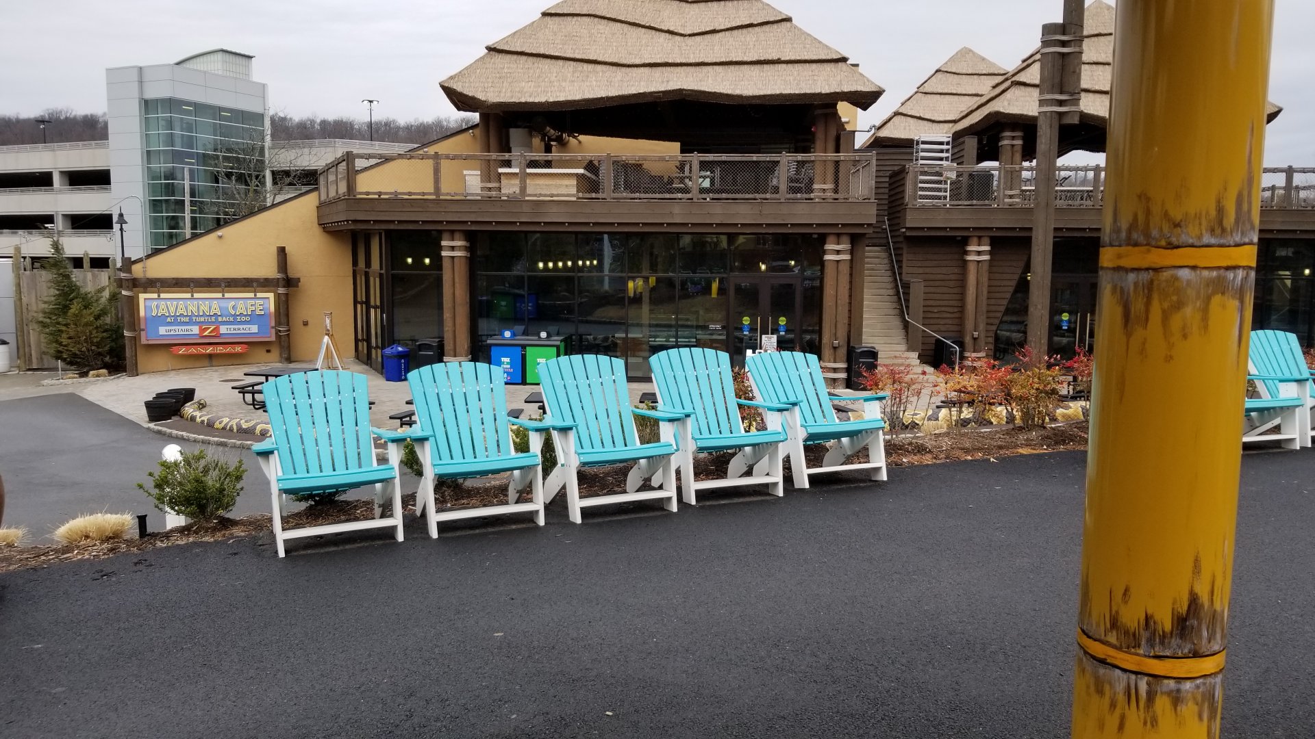 Turtle Back Zoo - Beach chairs outside flamingos, plus 2-story Savanna Cafe