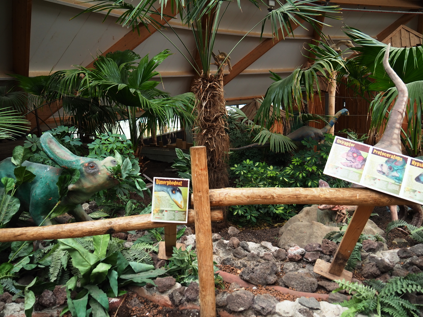 Vegetation and dinosaur models in the DinoDome indoor playground, 2019-07-21