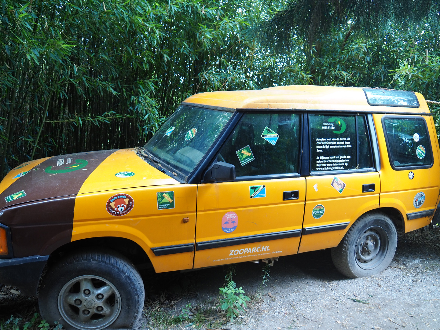 Vehicle with wildlife conservation charity information and animal sponsorship signs, 2019-08-11