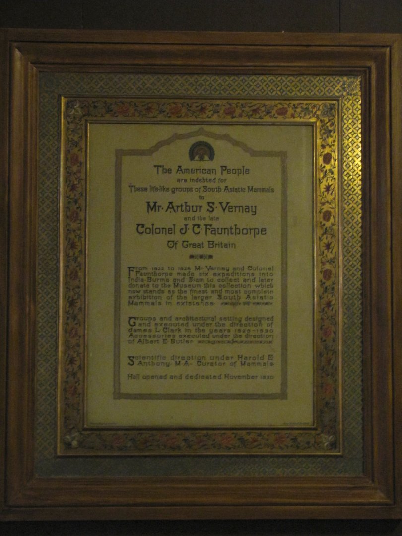 Vernay-Faunthorpe Hall of Asian Mammals Memorial Plaque