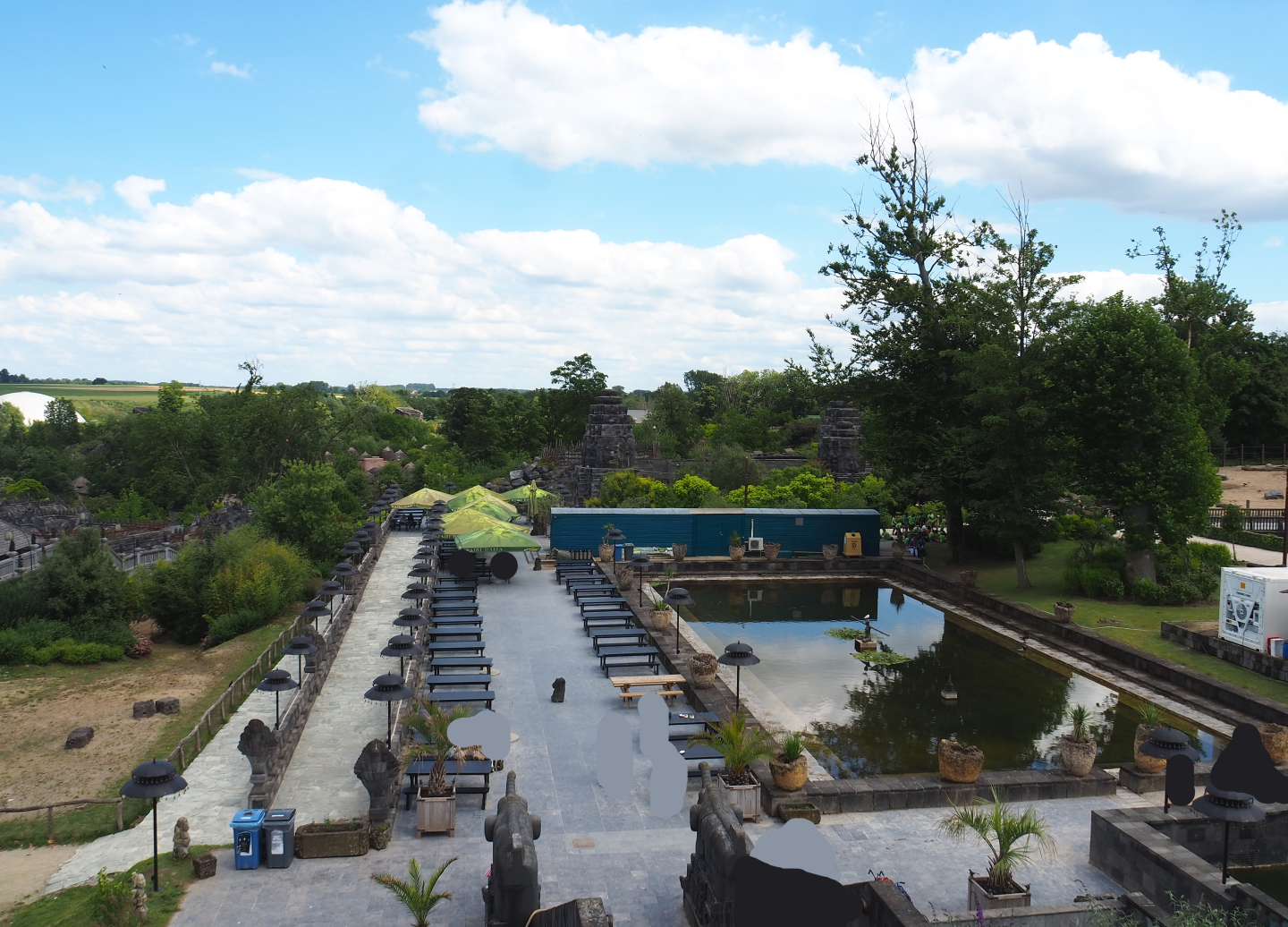 View from the Flower Temple - Eating area area and pond, 2022-06-28