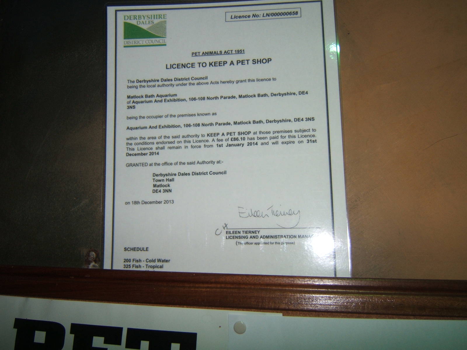 View of Pet shop licence