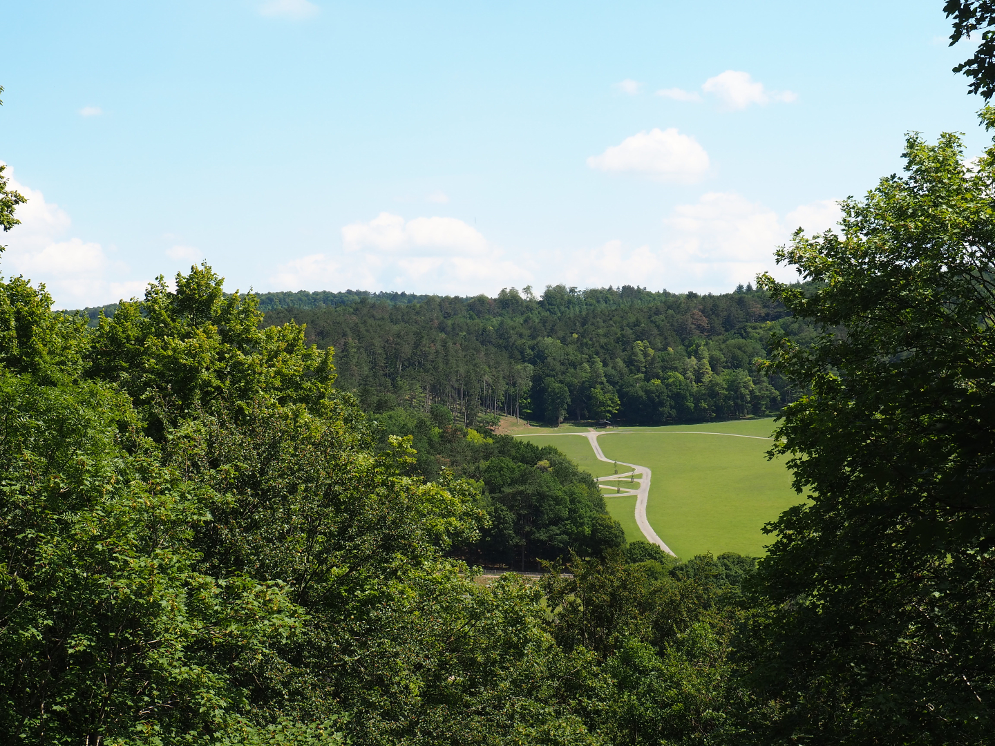 View of the Lesse valley and the lower area of the wildlife park from Le Tivoli restaurant, 2020-07-12
