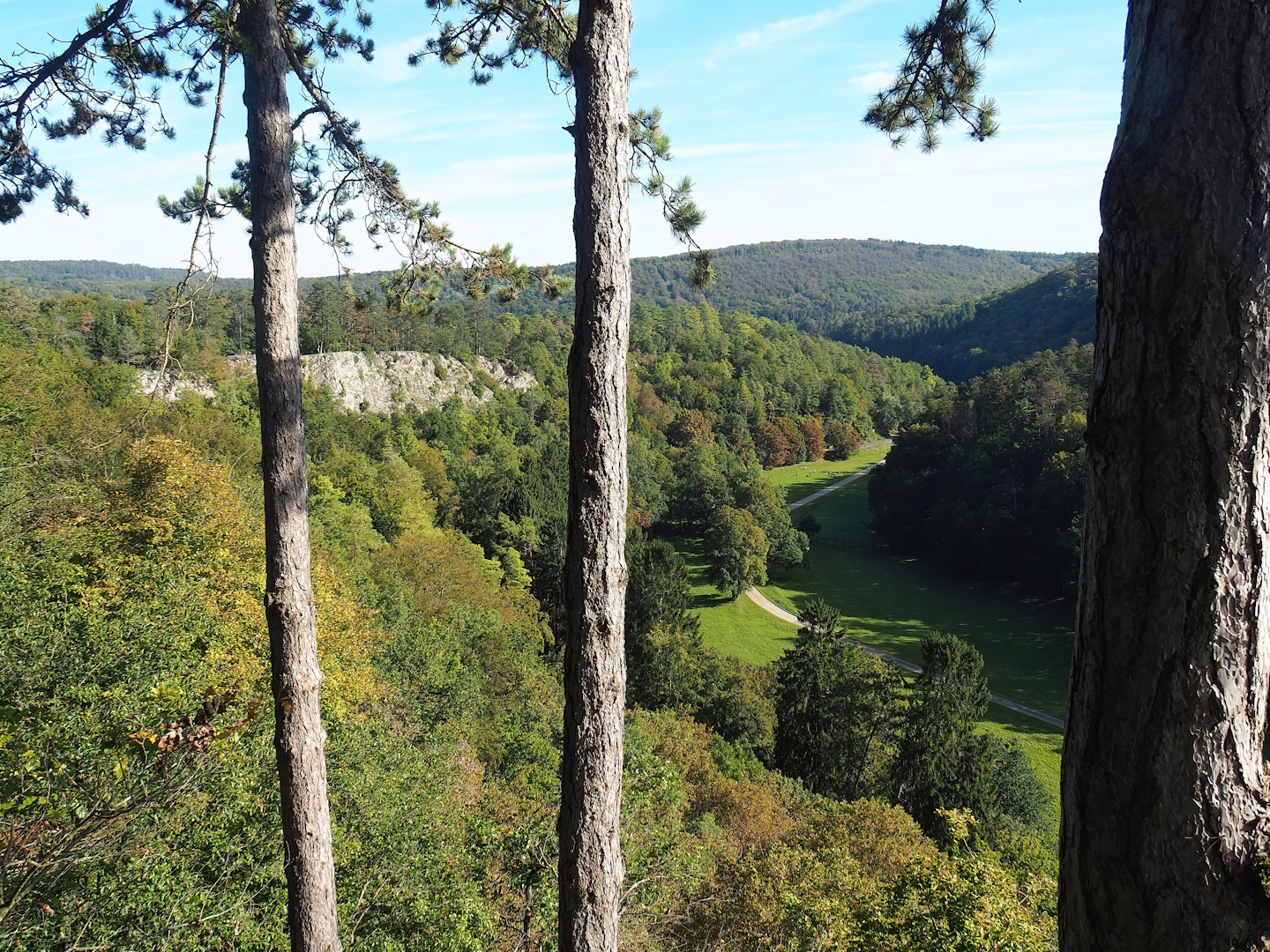 View onto the lower part of the wildlife park in the Lesse Valley from the higher area, 2023-09-26