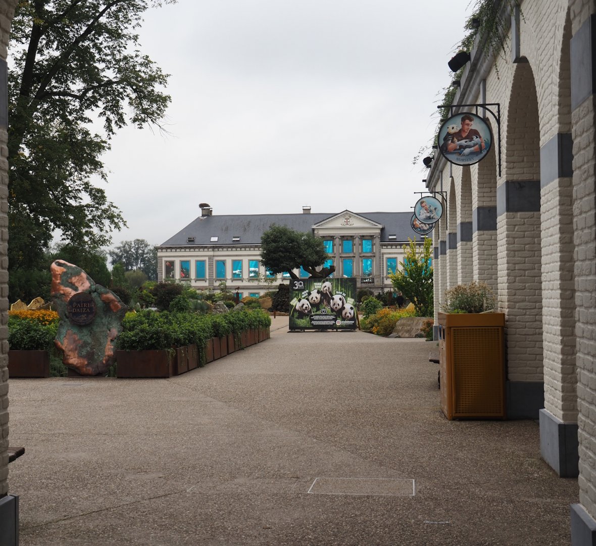 View towards the aquarium building and the Egg of the World entrance area from the end of the entrance gallery, 2024-09-17