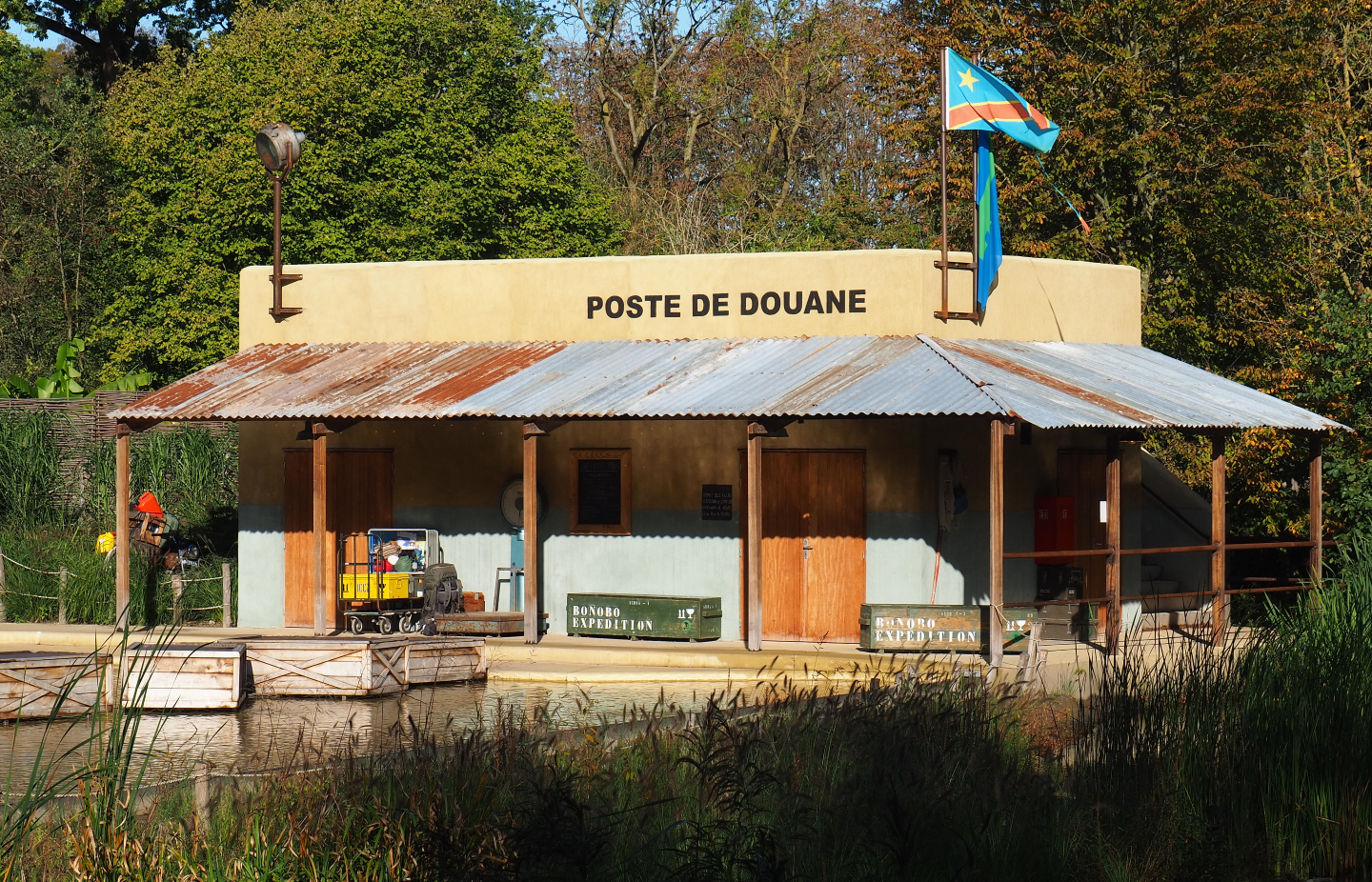 Viewing point for African section playground and Bonobo island, themed like a Congolese customs post, 2020-10-10