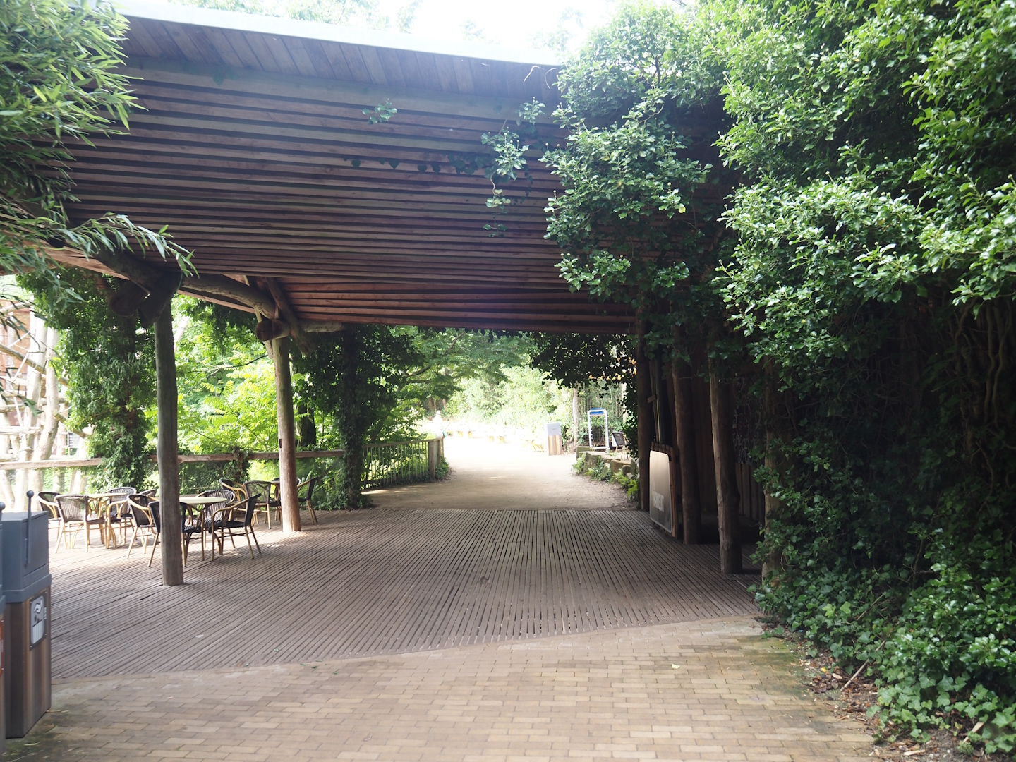 Walkway and shelter with food stand next to Bornean orangutan islands, 2024-08-18