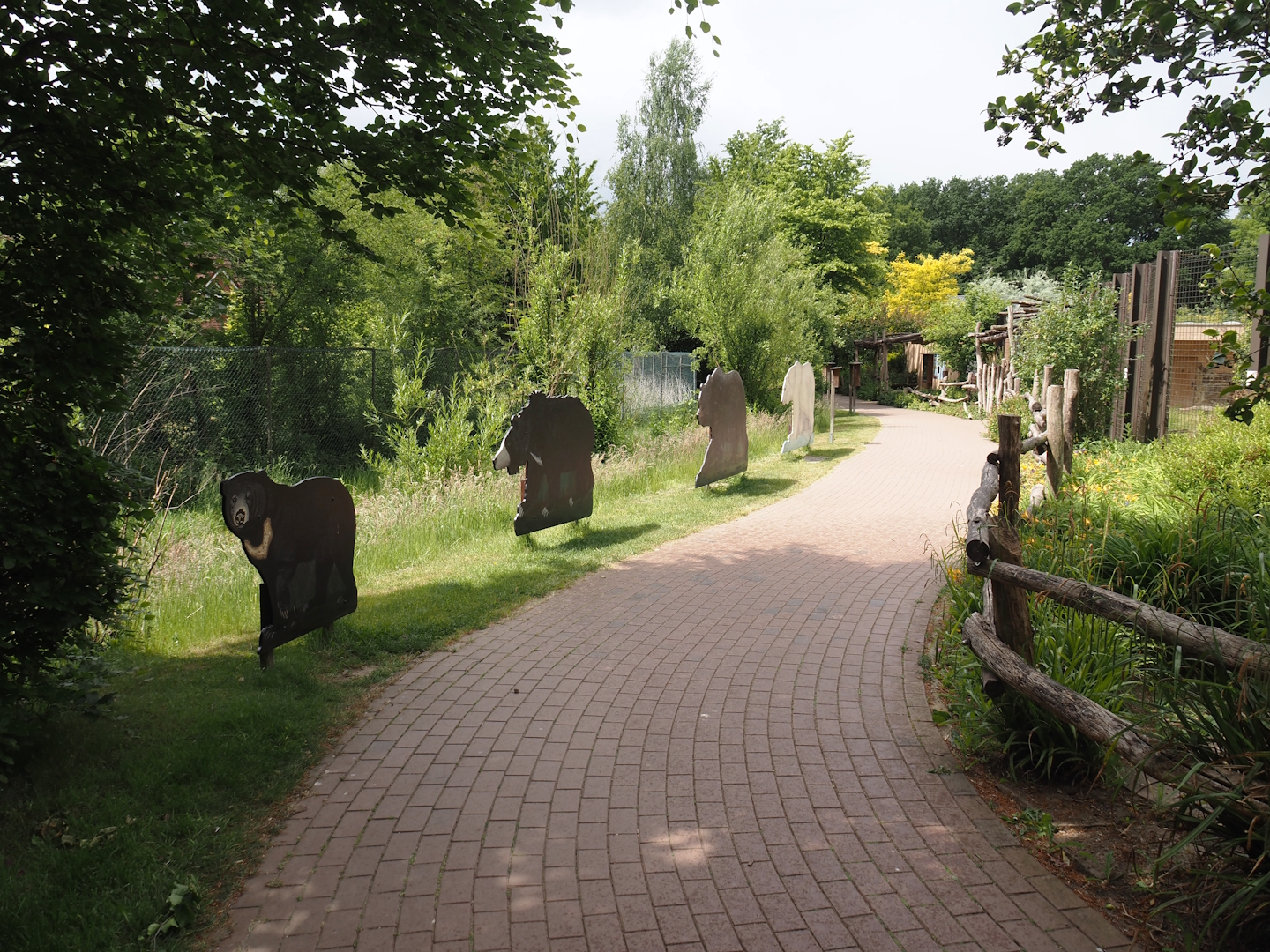 Walkway next to Indian sloth bear and European golden jackal exhibit, with life-sized bear cut-outs, 2025-05-22