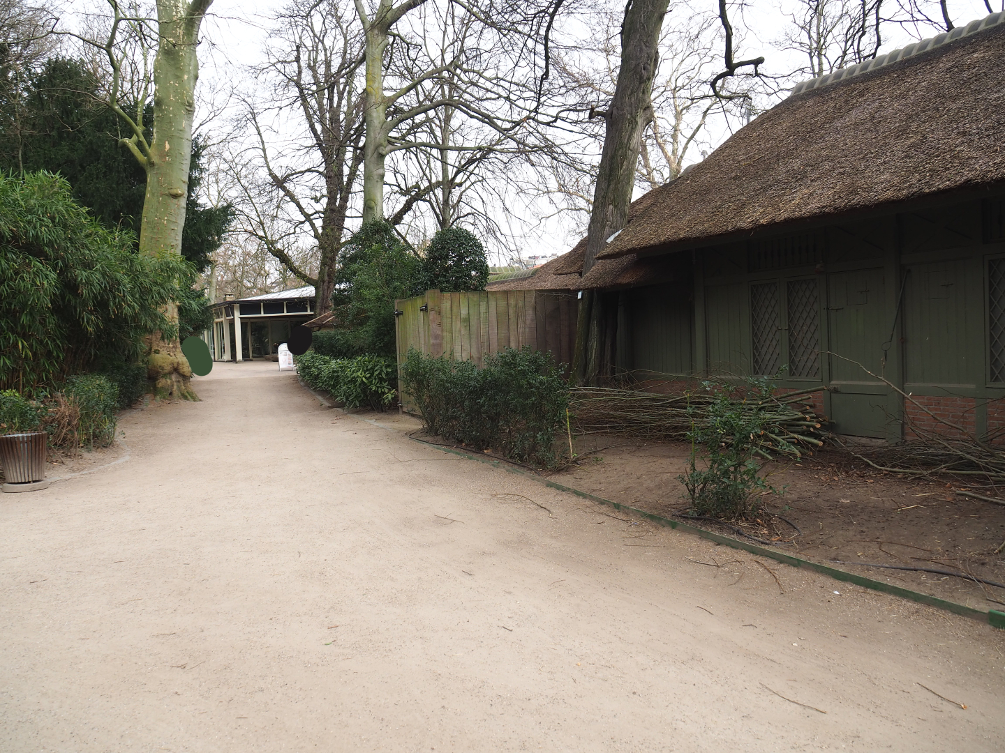 Walkway to Great Ape House, alongside historical deer barns, 2022-03-16