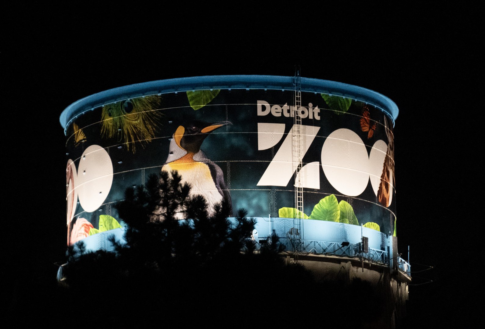 Water tower at night