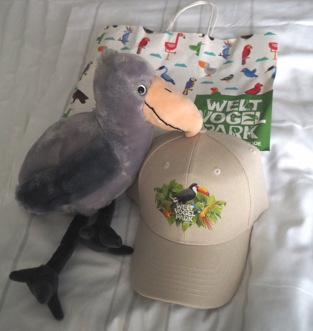 Weltvogelpark Walsrode Souvenirs - Shoebill plushie, Baseball cap with logo and gift shop bag