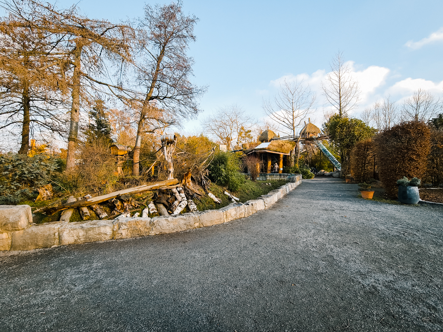 White-nosed Coati and Striped Skunk with  Squirrel Monkey house and playground in the back