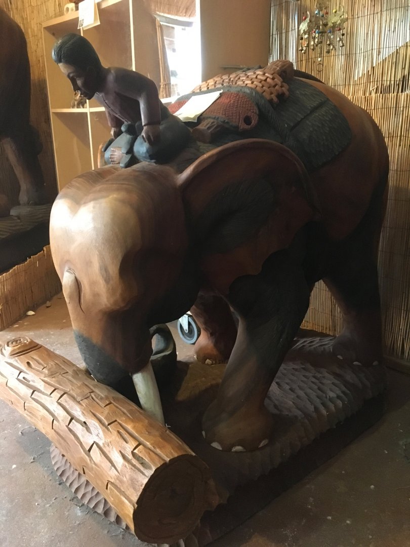 Wooden Elephant & Mahout Statue