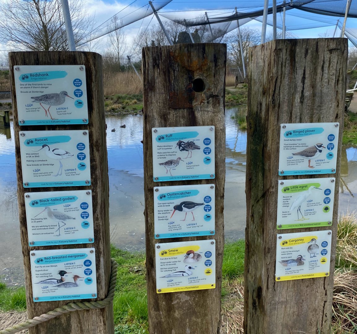 WWT Slimbridge, Wetlands Aviary, bird signage