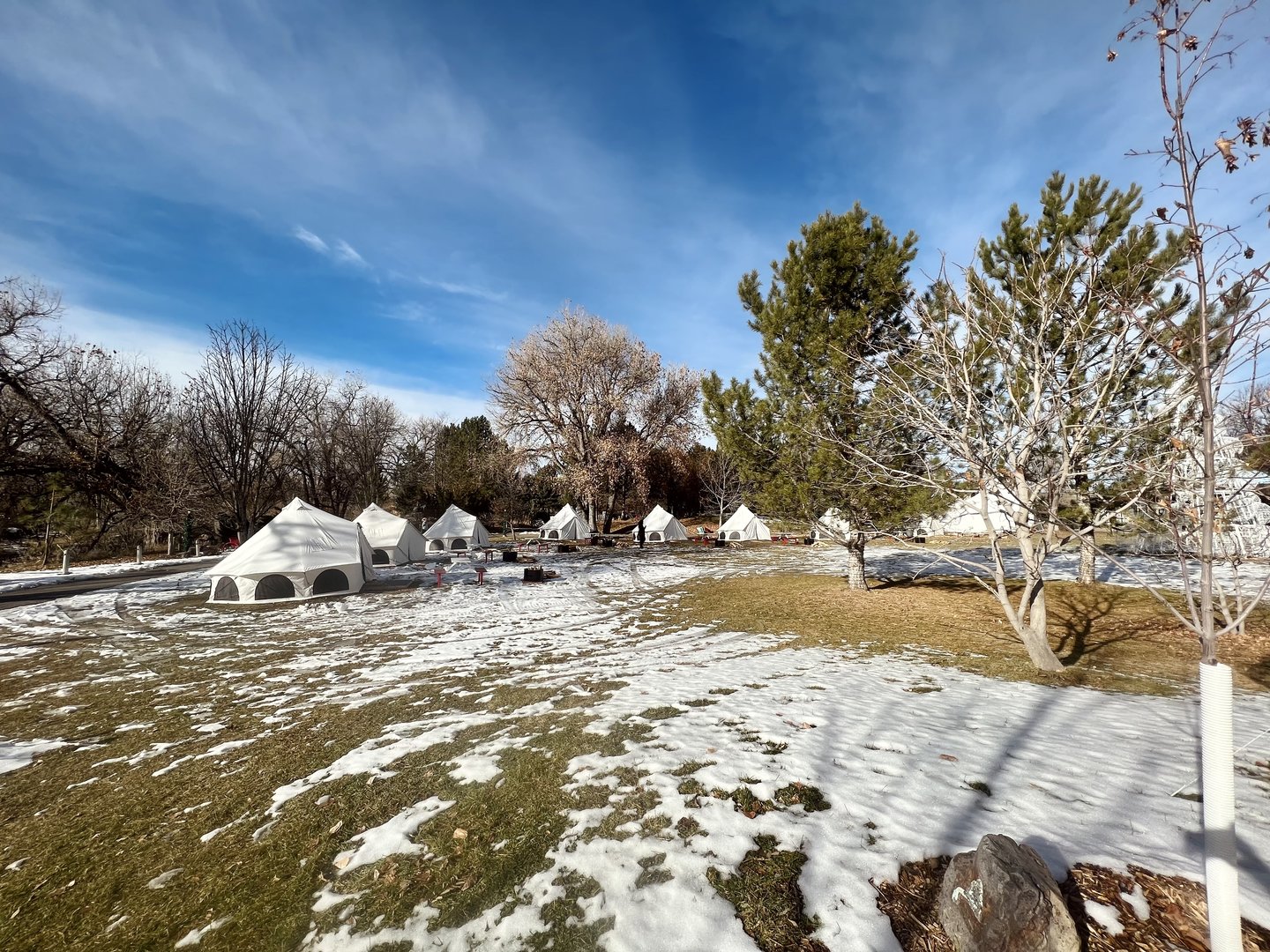 Yurts surrounding communal firepit