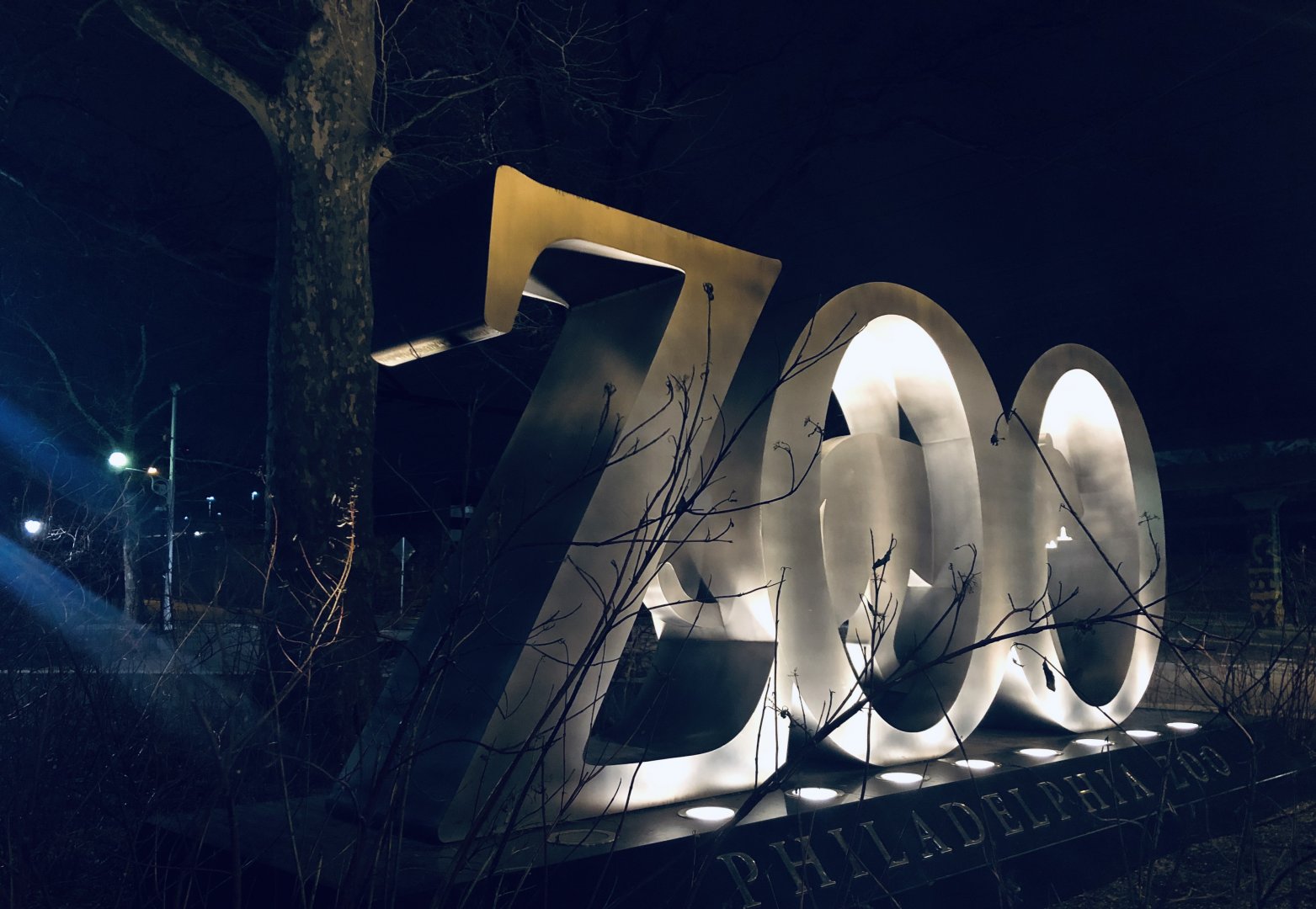 Zoo sign at night, February 2020